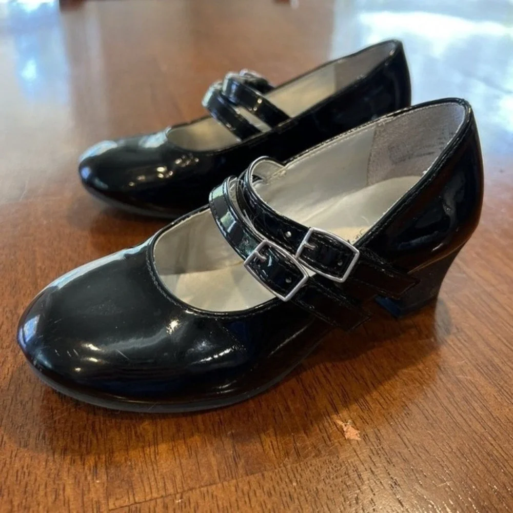 American Eagle Kids Black Patent Mary Jane Glitter Block‎ Heel Shoes Toddler 11